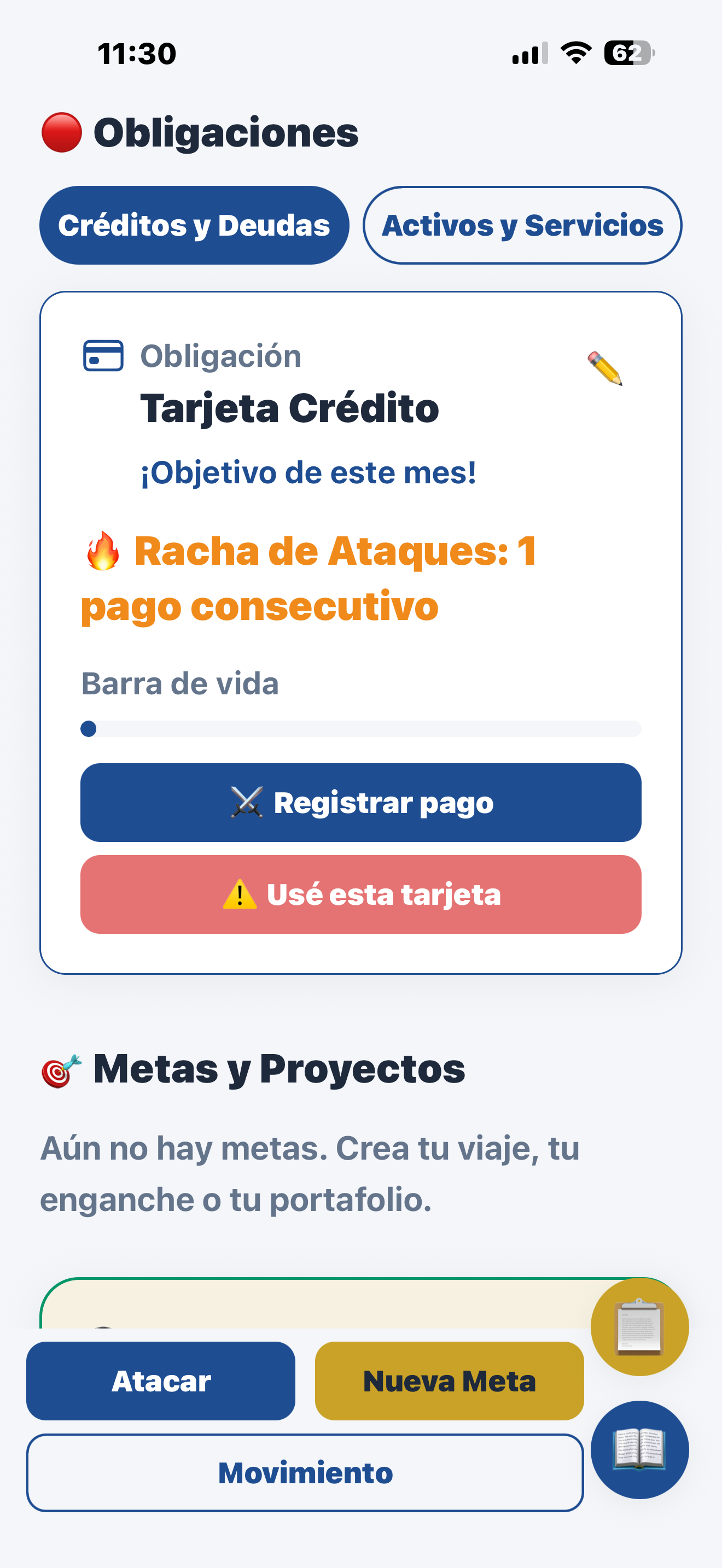 Tarjeta de crédito con racha de ataques y barra de vida