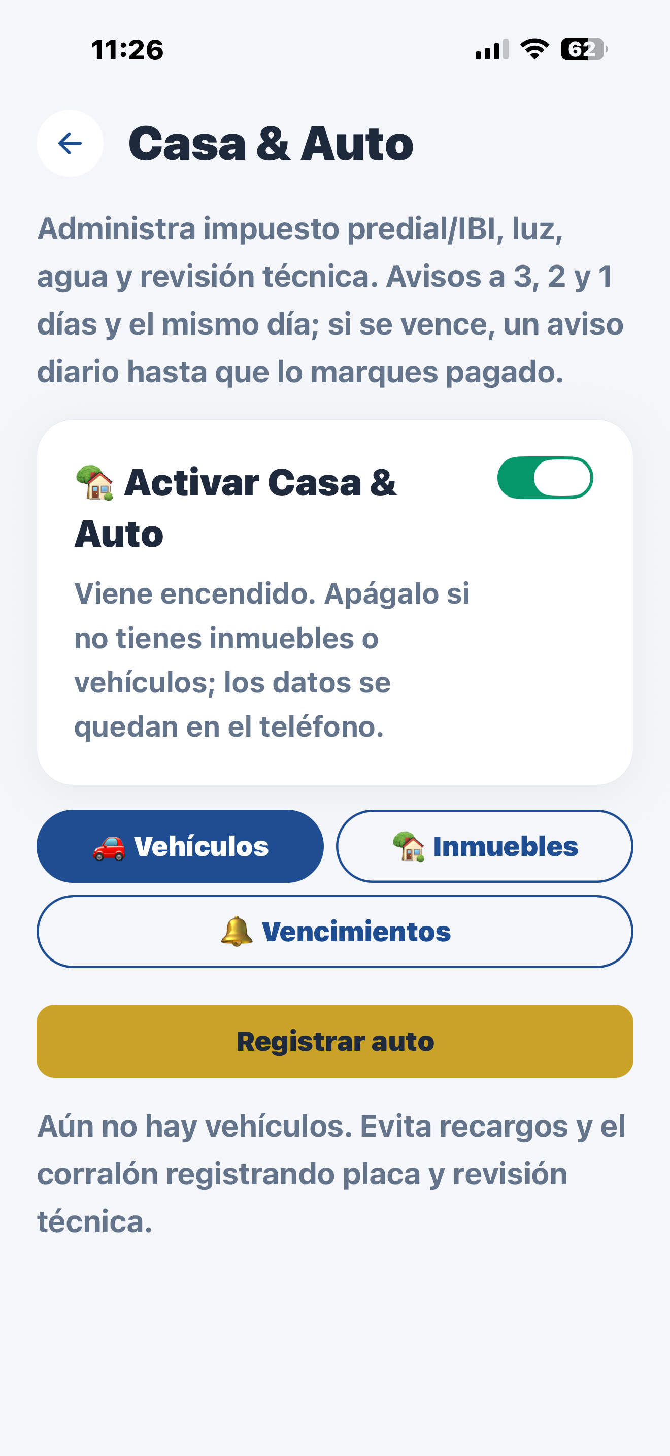 Módulo Casa y Auto para vehículos, inmuebles y vencimientos