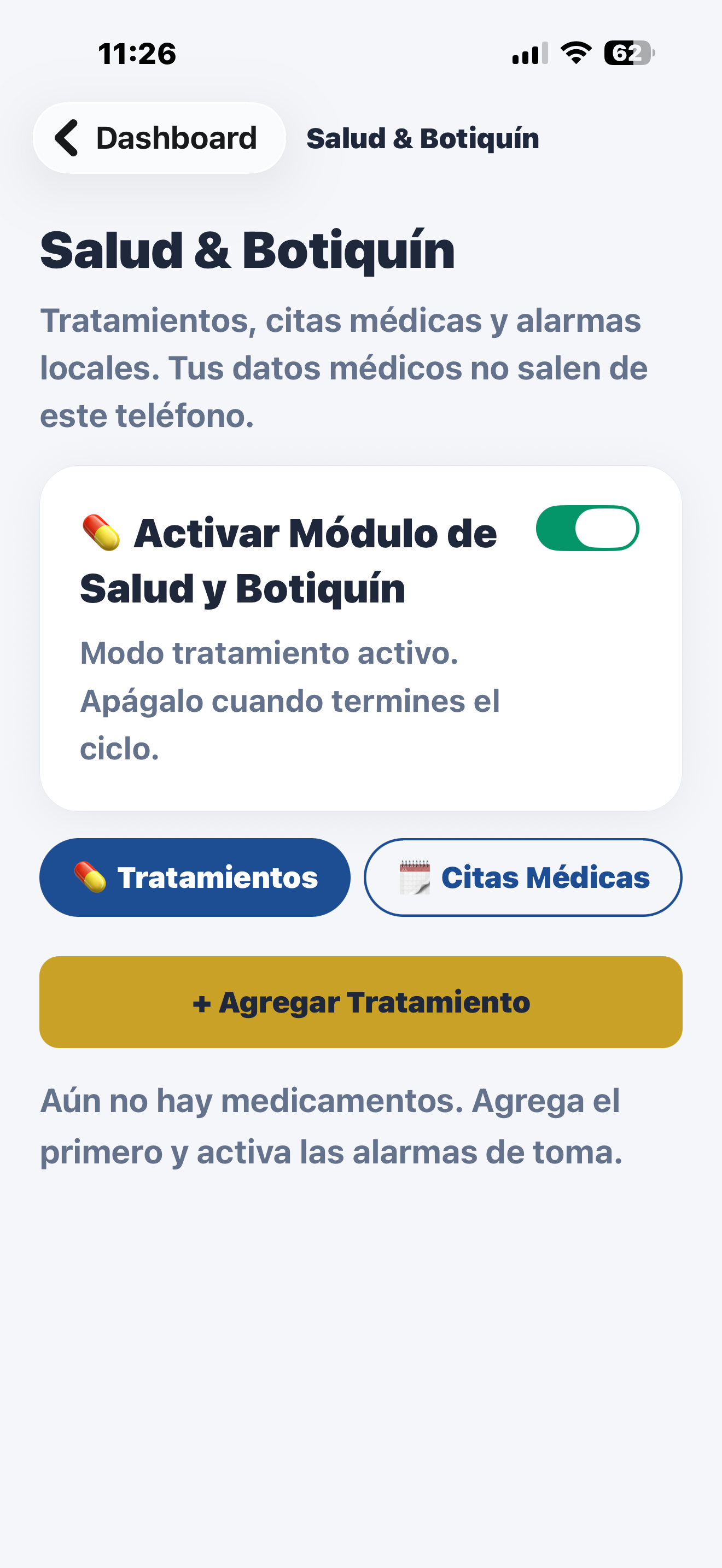 Módulo de salud y botiquín con tratamientos y citas médicas