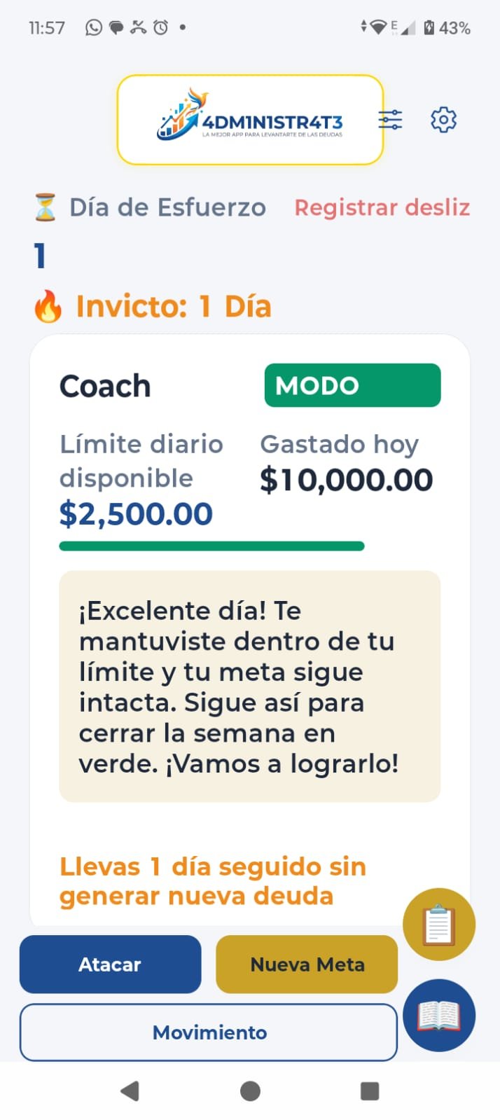 Tablero Android con Coach Diario, límite y racha