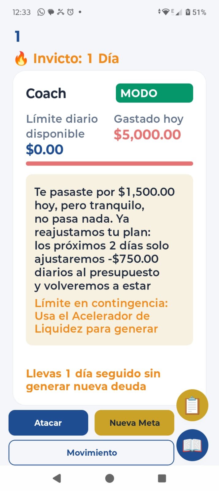 Coach Diario en Android reajustando el límite diario