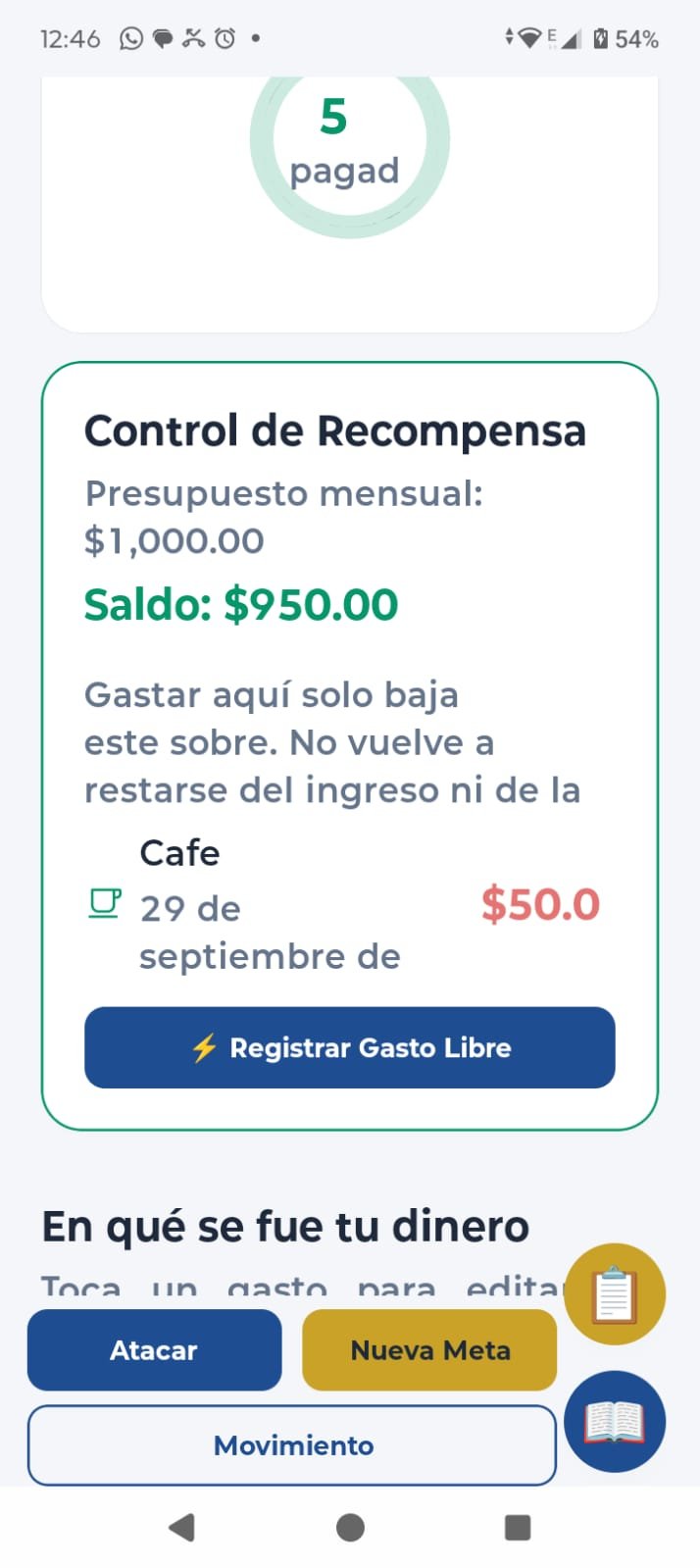 Control de recompensa en Android con saldo y gasto libre